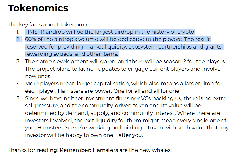 HMSTR Tokenomics, from the Whitepaper