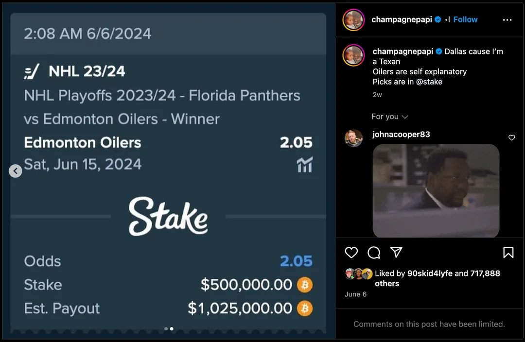 Drake's Bet at Stake.com, Source: Instagram